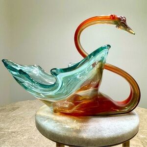 Vintage Handblown Amber Turquoise Clear Swan Sculpture Decor Glass Art Bowl Vase